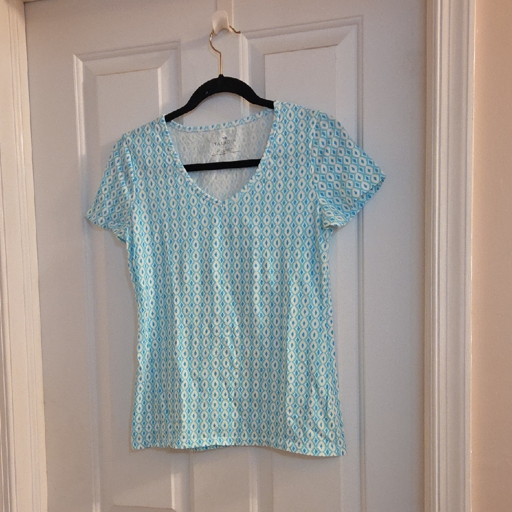 Talbots Blue Geo V-Neck Short Sleeve Top Small